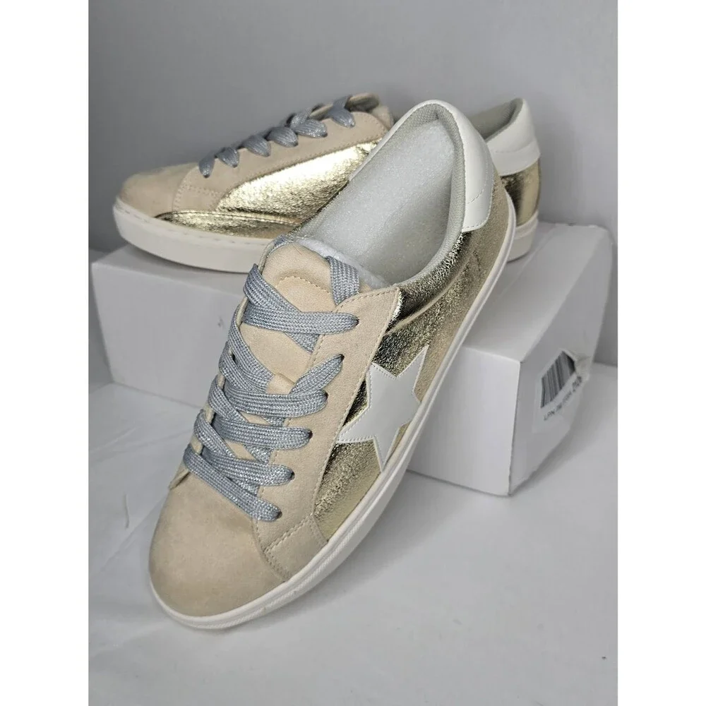 Women's Size 9 Party Podcast Metallic Gold & Beige Star Accent Sneakers NEW